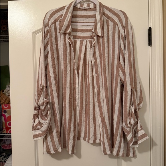 Jane and Delancey Tops - Jane and Delancey Striped Button-Down Shirt in Cream and Brown